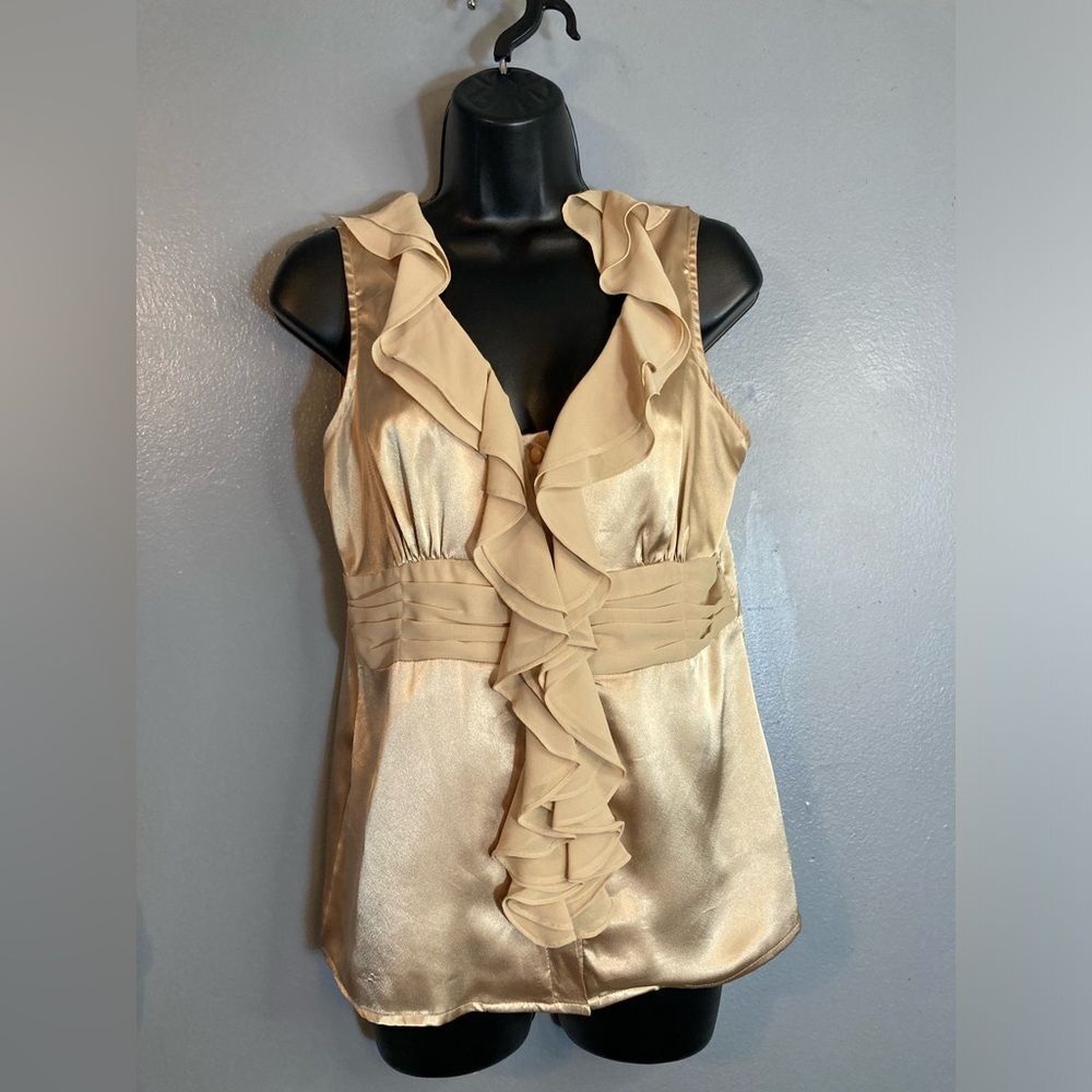 Apostrophe gold ruffle button up sleeveless blouse